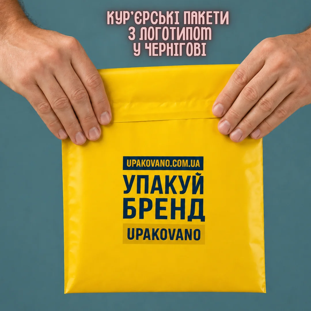 Кур’єрські пакети з логотипом у Чернігові — друк, виробництво під замовлення і поставка стопками будь-яких форматів та кольорів Поліетиленові кур’єрські пакети з фірмовим логотипом для бізнесу в Чернігові