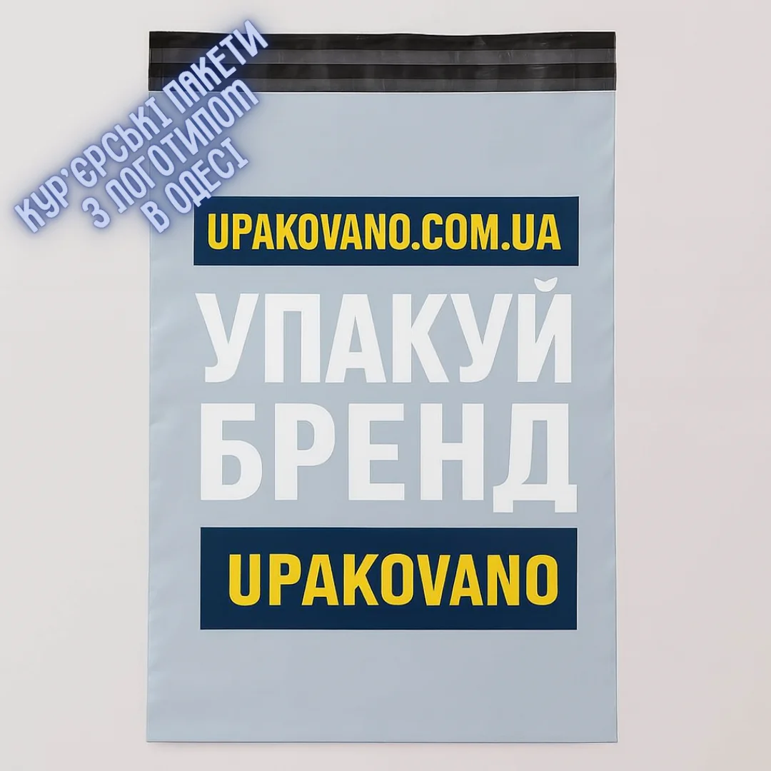 Друк логотипа на кур'єрських пакетах — брендовані кур'єрські пакети в Одесі Кур'єрські пакети з логотипом Одеса — поліетиленові брендовані 51–60 мкм