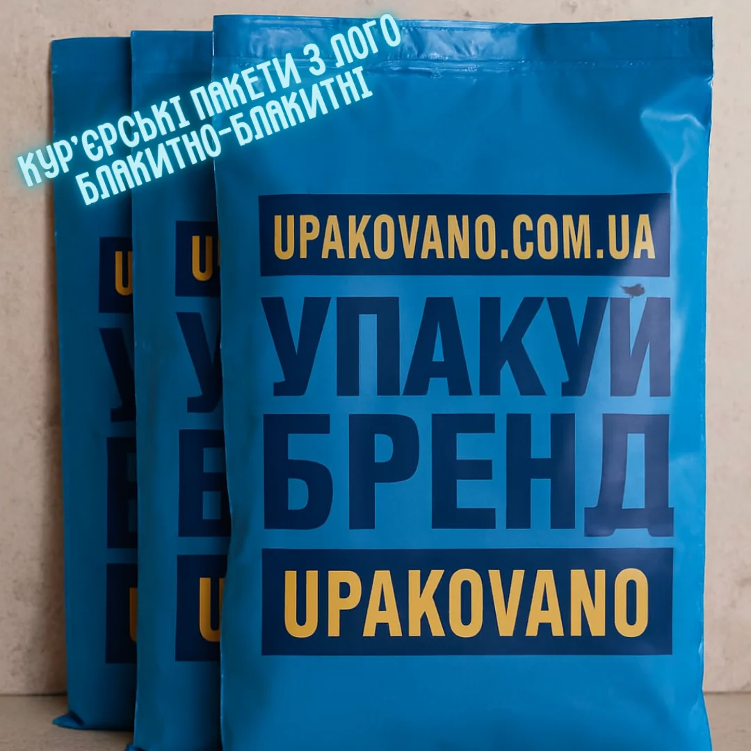 Блакитні кур’єрські пакети з логотипом — брендована поліетиленова упаковка для відправлень