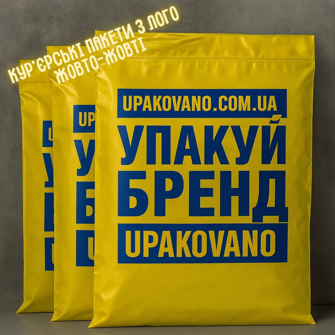 Жовто-жовті брендовані кур’єрські пакети з логотипом — друк на жовтих пакетах Жовті кур’єрські пакети з логотипом — брендована поліетиленова упаковка для доставки