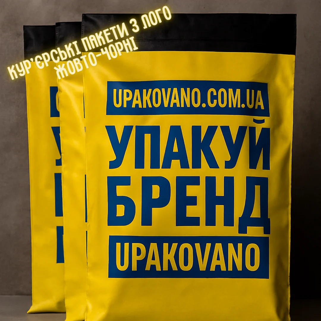 Жовто-чорні брендовані кур’єрські пакети з логотипом — друк на жовто-чорних пакетах Жовто-чорні кур’єрські пакети з логотипом — брендована упаковка для відправлень