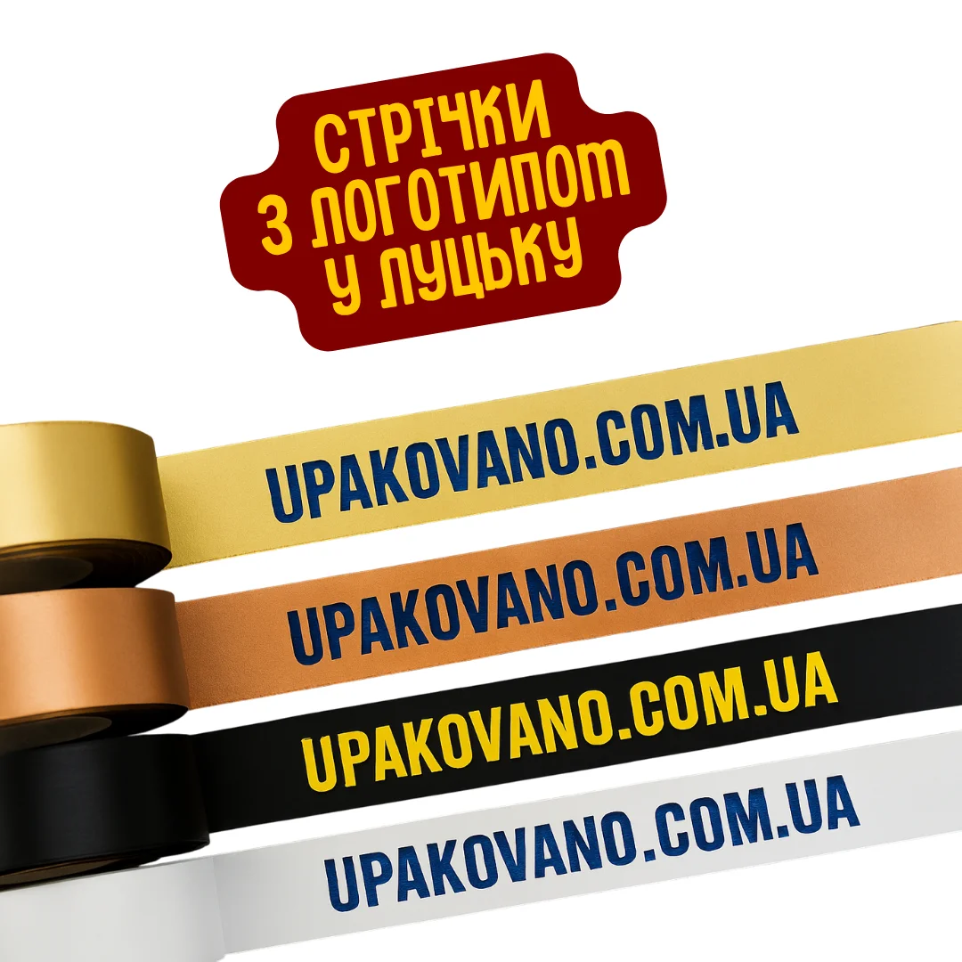 Стрічки з логотипом у Луцьку — друк логотипа на стрічках Стрічки з логотипом Луцьк — приклад брендованої пакувальної стрічки у Луцьку